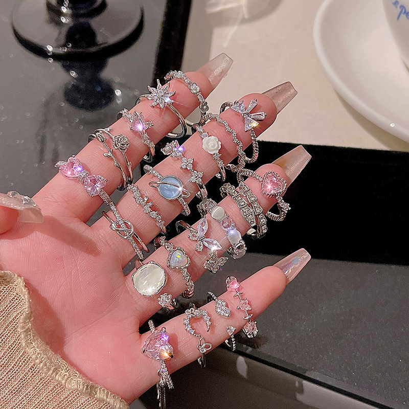 Ins Style Silver Zircon Ring Women's Accessible Luxury Niche High-End Open Index Finger Ring Popular Hand Jewelry Wholesale