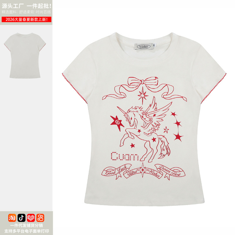 American Retro Unicorn Embroidered Lace Short-Sleeve T-Shirt for Women, Summer Slim-Fit Crop Top - Direct from Manufacturer