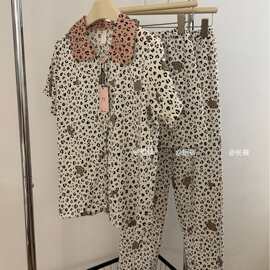 豹纹睡衣三件套短袖短裤长裤女夏开衫云朵棉家居服可外穿跨境批发