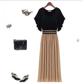 连衣裙2025爆款欧美新款雪纺拼接撞色大摆连衣裙大码女装裙子