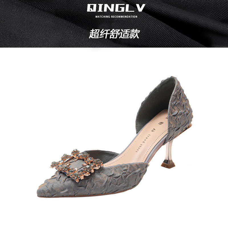 Temperamento francés, tacones altos de todo fósforo, mujeres, primavera y otoño, diamantes de imitación, tacones de aguja puntiagudos, zapatos de dama de honor, zapatos individuales diarios, sandalias Baotou, verano