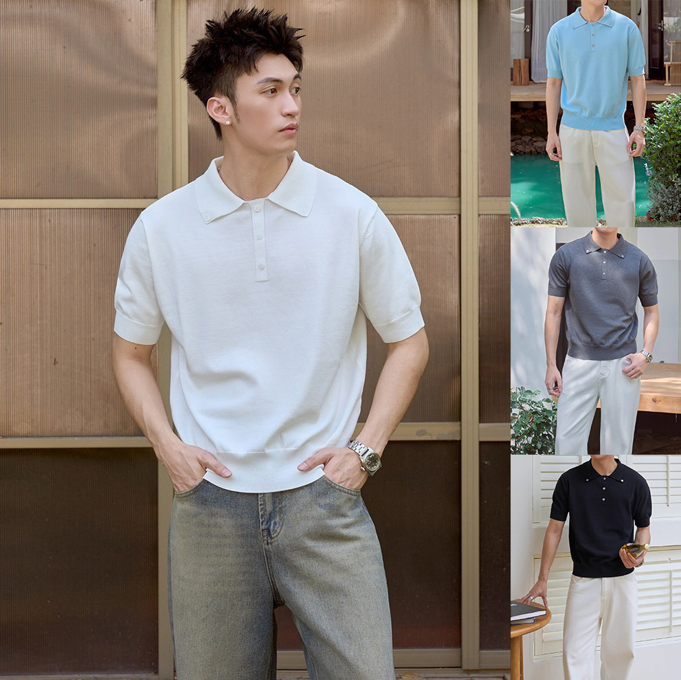 Polo camiseta de punto camiseta de manga corta botón hombre viejo dinero estilo de negocio delgado verano seda transfronteriza transpirable fábrica al por mayor