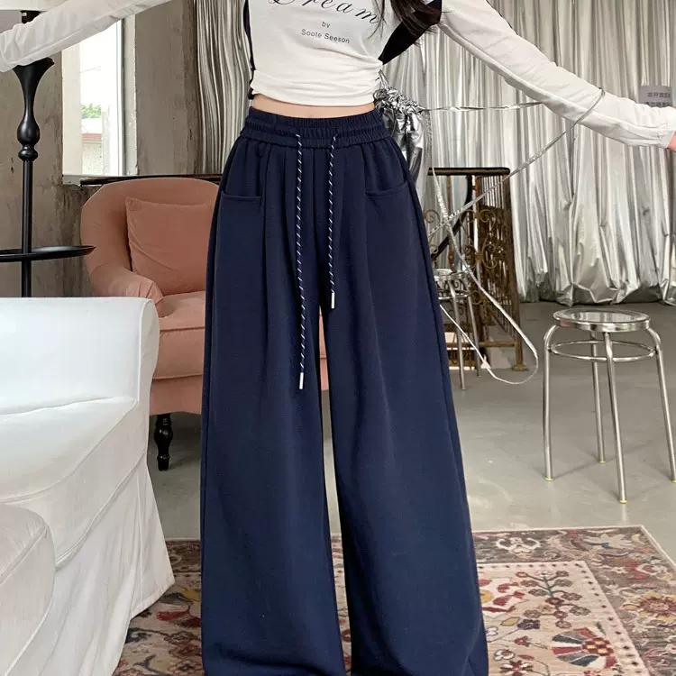 气质百搭抽绳运动休闲裤女早秋新款垂感直筒高腰显瘦阔腿裤子长裤