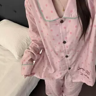 韩系复古粉色波点翻领长袖睡衣女2026夏款大码休闲长裤家居服套装