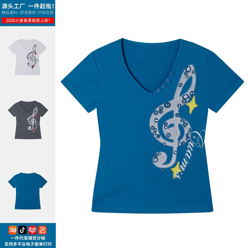 Korean-Style Girl's Musical Note Button V-Neck Short-Sleeve T-Shirt for Women, Summer Light Asian Style Slim Fit Top, Direct from Manufacturer
