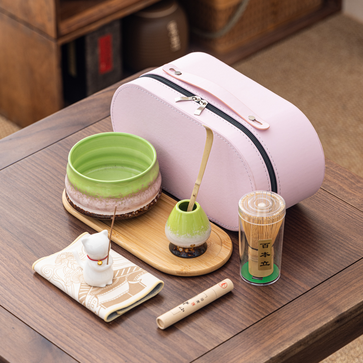 Cuenco de matcha corrugado caja de cuero set adorable gatito Xiangdao ocho piezas set punto té 100 tazas de té