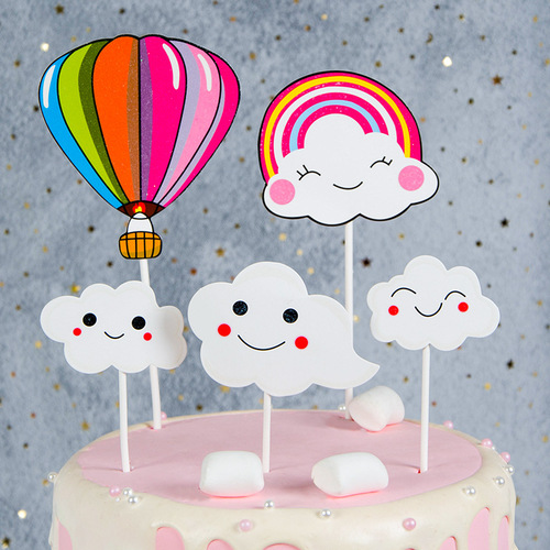 Colorful hot air balloon rainbow cloud birthday cake decoration flag and card party dessert table scene decoration plug-in