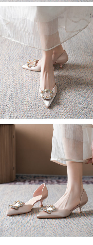 Giày cao gót nữ mũi nhọn gót 6–8 cm khoét hở gót, khóa trang trí đính đá, kiểu mới — Màu be, Màu hồng chi tiết 10