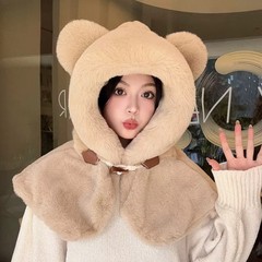 两件套帽子女秋冬韩版百搭连帽披肩冬季加厚保暖护耳毛绒围脖坎肩