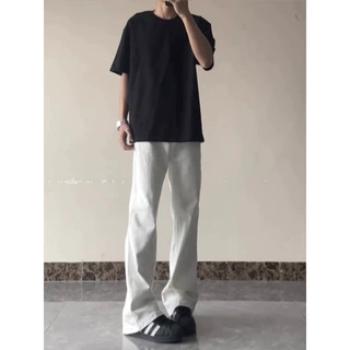 白色微喇牛仔裤男女春秋款痞帅裤子美式高街vibe修身直筒长裤子潮