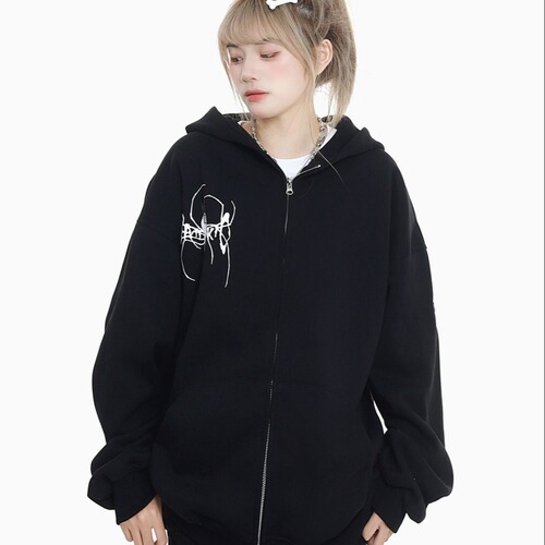 Fun Spider Color Blocking Full Print Minimalist Zip-Up Hoodie Streetwear Loose Hooded Sweatshirt Outerwear