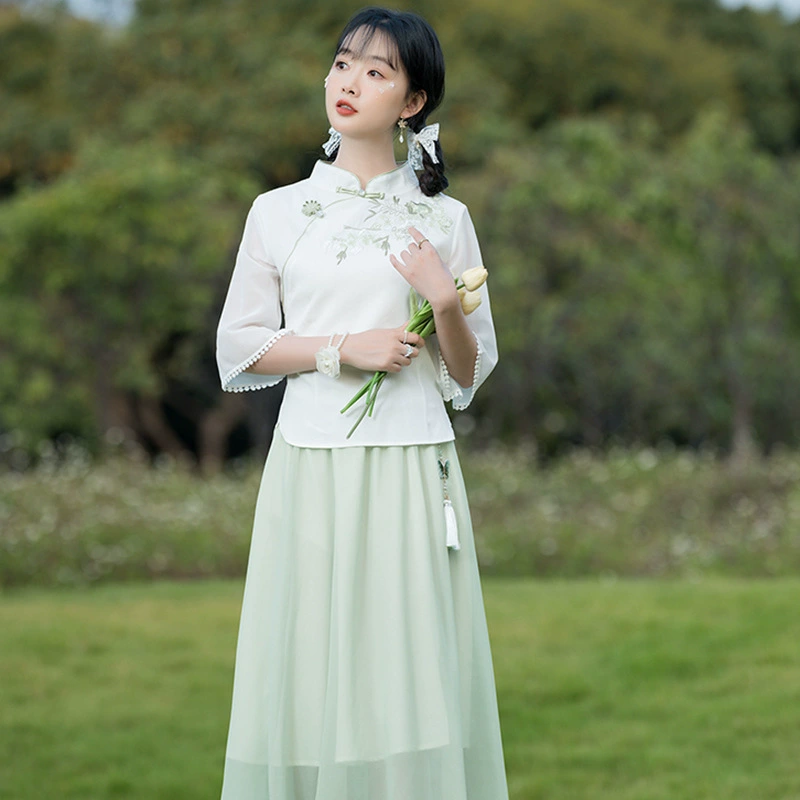 2023 летняя новая женская одежда в китайском стиле китайский винтажный костюм Тан с вертикальным воротником и пряжкой с вышивкой Cheongsam Top Zen Tea Одежда