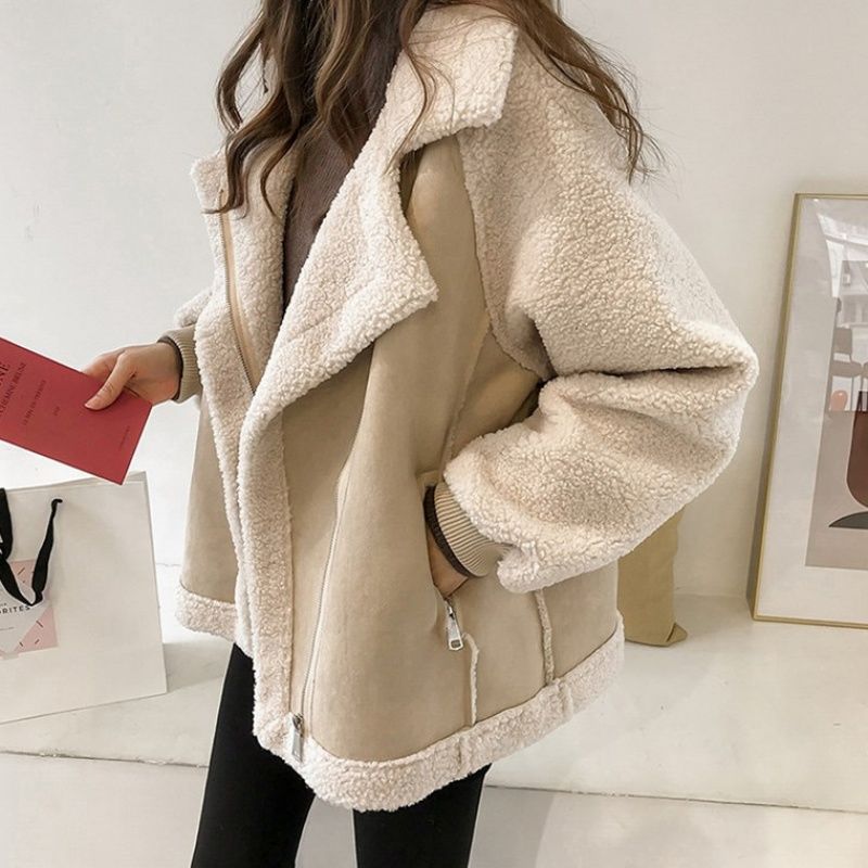 Lamb Wool Outwear for Women Autumn and Winter 2025 New Particle Cashmere Thickeneded Fur One-Piece Motorcycle Jacket for Small People