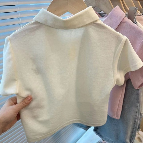 Korean children's summer T-shirt for middle kids 2024, polo collar, loose and casual, turn-up collar top for students