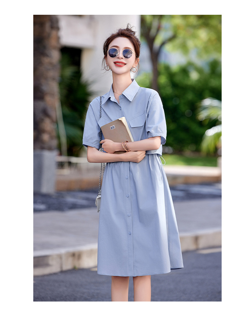 Váy sơ mi nữ tay ngắn thắt eo mùa hè 2025 tặng thắt lưng HF25836 — Màu xanh lam, Màu xanh lá chi tiết 14