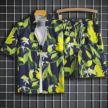 夏季海边短袖男士痞帅沙滩夏威夷大码花衬衫2件套