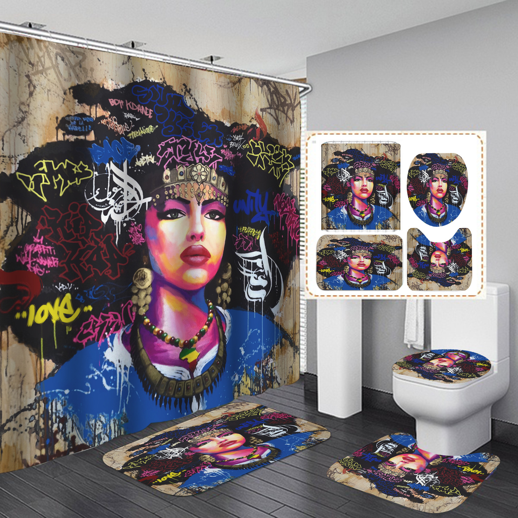 Juego de 4 piezas de moda Juego de cortina de ducha de rosa roja de agua Flor Juego de decoración de baño de Navidad Alfombrilla de baño absorbente Alfombrilla en forma de U