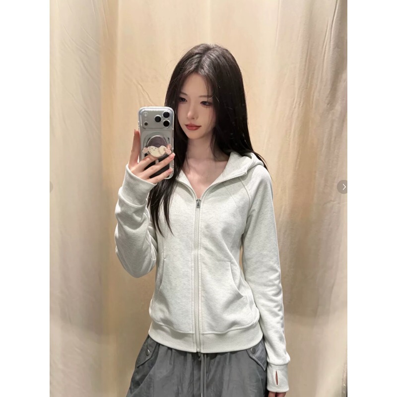 White-gray American-style slim-fit sweatshirt jacket for women, autumn slimming versatile casual sports hooded waist-cinching top White-gray American-style slim-fit sweatshirt jacket for women, autumn slimming versatile casual sports hooded waist-cinching top