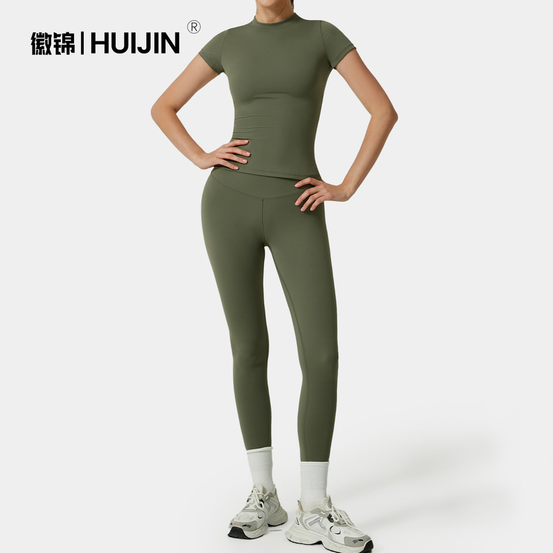 Cross-Border European and American Quick-Drying Yoga Clothing Set Spring and Summer Short-Sleeved Suit Women's Leggings High-End Sports Fitness Suit