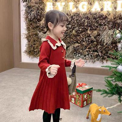 2021 new pattern Children's clothing girl sweater Dress Lapel Mosaic knitting Western style Princess Dress OEM customized