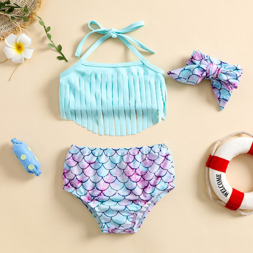 Mermaid baby girl girl tassels split swimming suit sunscreen princess sunscreen dress bubble sleeves upgrade little princess