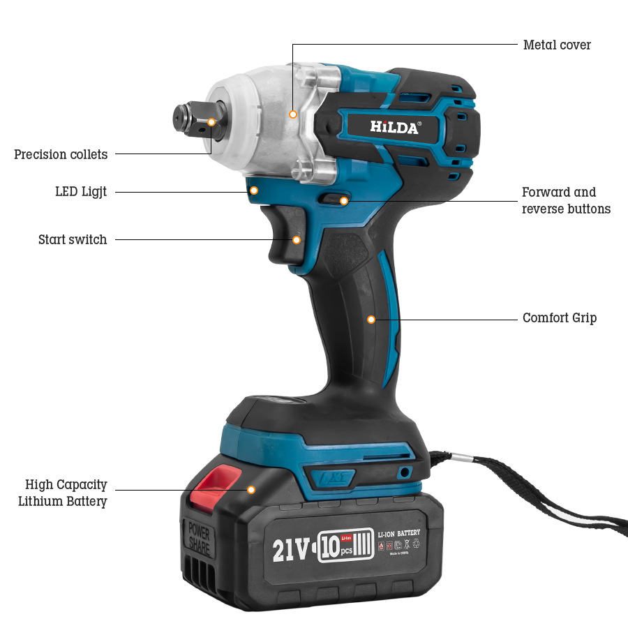 Hilda sin escobillas llave eléctrica de litio eléctrico de gran par recargable Llave de impacto reparación de automóviles herramientas de carpintería al por mayor