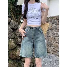 五分高腰阔腿牛仔短裤女夏季薄款复古做旧小个子高腰显瘦直筒中裤