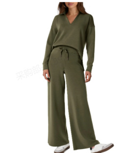 Women's Tracksuit Sports Suit V-neck Long-sleeved Pullover Top And Drawstring Straight-leg Trousers Casual Solid Trousers Set