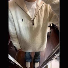 美式复古翻领半拉链麻花毛衣女秋冬季新款软糯慵懒风高领针织上衣