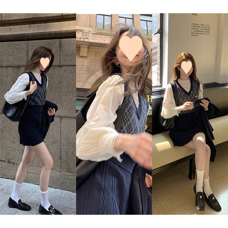 플러스 사이즈 영국 아카데미 스타일 여성 세트 칼라 마보 조끼 화이트 셔츠 높은 허리 스커트 3 피스 세트