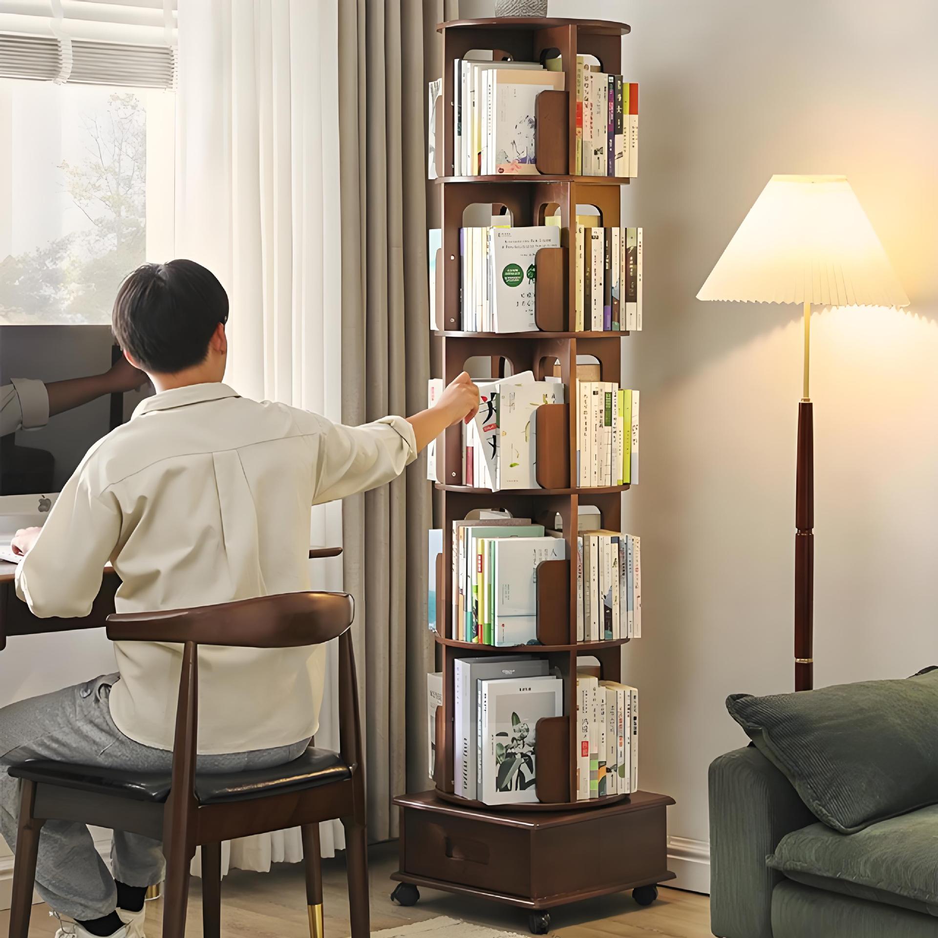 All Solid Wood Rotating Bookshelf 360-degree Rotating Storage Rack Household Bookcase Living Room Simple Floor Movable Wall