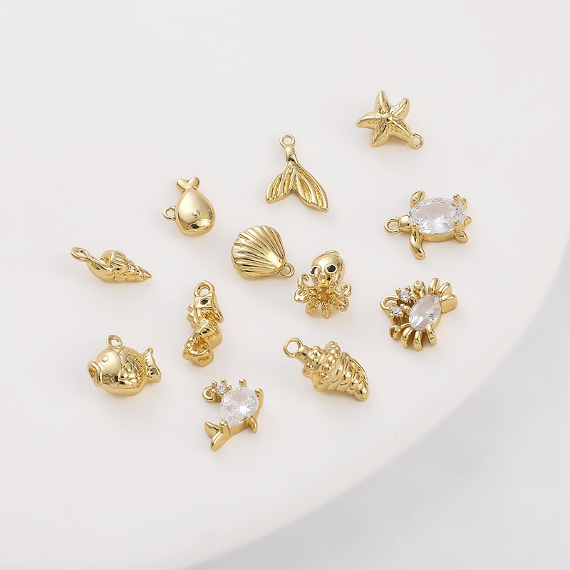 14K Gold-Filled Copper Marine Life Series Pendant Handmade DIY Bracelet Necklace Zircon Color-Preserving Conch Pendant