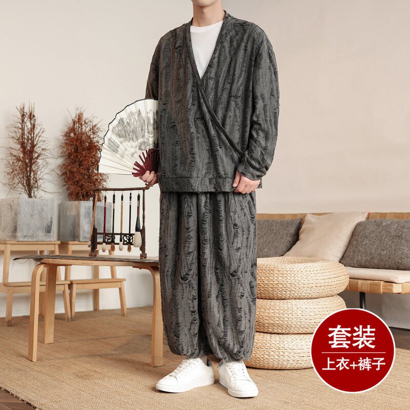 Dark Ice Silk Ripped Hollow-Out Chinese Style V-Neck Long-Sleeve T-Shirt and Jogger Pants Set for Men Tz190-P143 Control 168