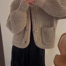 6807秋冬新款慵懒港风复古高端欧货重工女开衫显瘦百搭别致小上衣