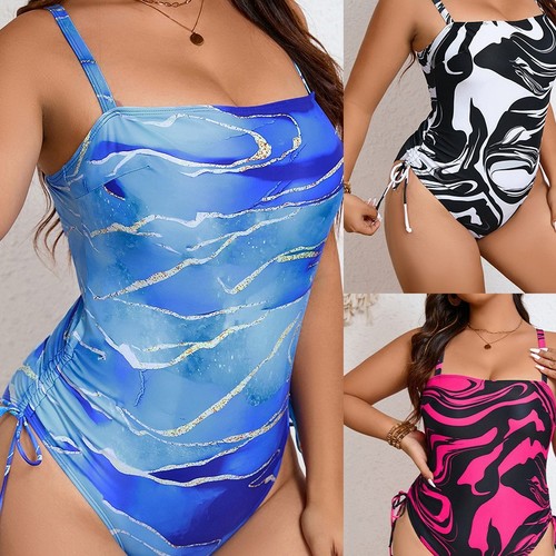 2025 European and American Plus Size Multi-Color Printed One-Piece Drawstring Suspender Backless Triangle Bikini