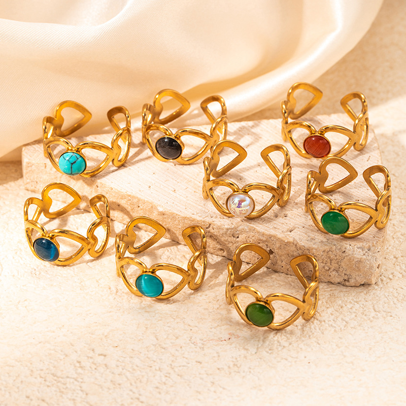 5g Weight 0.03µm Gold Plating Thickness Electroplated Gold Plating Process Golden Plated Plating Material Cat's Eye Stone Inlay Material Rings Classification 1 Piece Quantity Holiday, Daily Occasion 201 Stainless Steel Material Heart Shape Pattern Women's Gender Sweet, IG Style Style Inlay Craft Wholesale Jewelry IG Style Sweet Heart Shape Titanium Steel Natural Stone Gem Hollow Out Inlay Open Rings 3