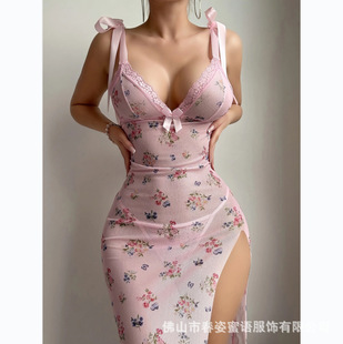 European and American Cross-Border Sexy Lingerie, Passionate See-Through Temptation Ribbon Printed Nightgown, Long Skirt, Thong Two-Piece Set