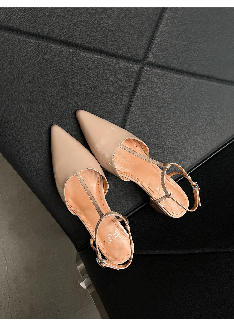 Sandal nữ mũi nhọn da bò sơn mài quai T khóa, gót 4.5 cm, phong cách Hàn Quốc — đen chi tiết 29