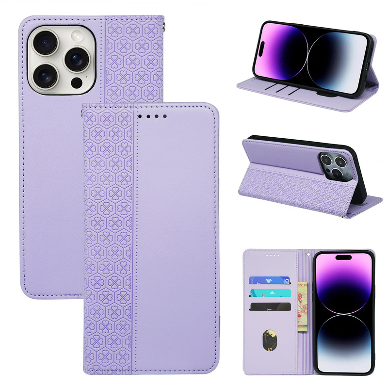 Suitable for Apple 16E Mobile Phone Leather Case iPhone15plus Four-leaf Clover Flower Heart 11Pro Flip Mobile Phone Protective Case