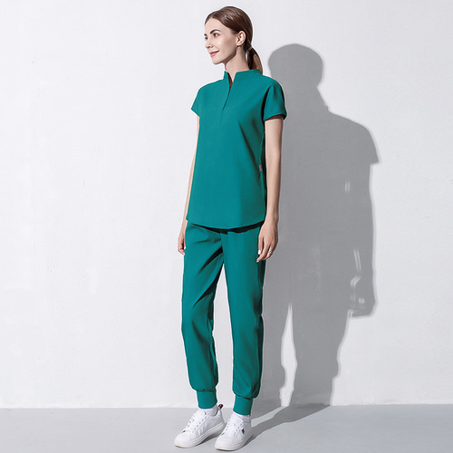 Short-sleeved scrub top high-end nurse uniform women's split set dental doctor workwear men's elastic surgical gown