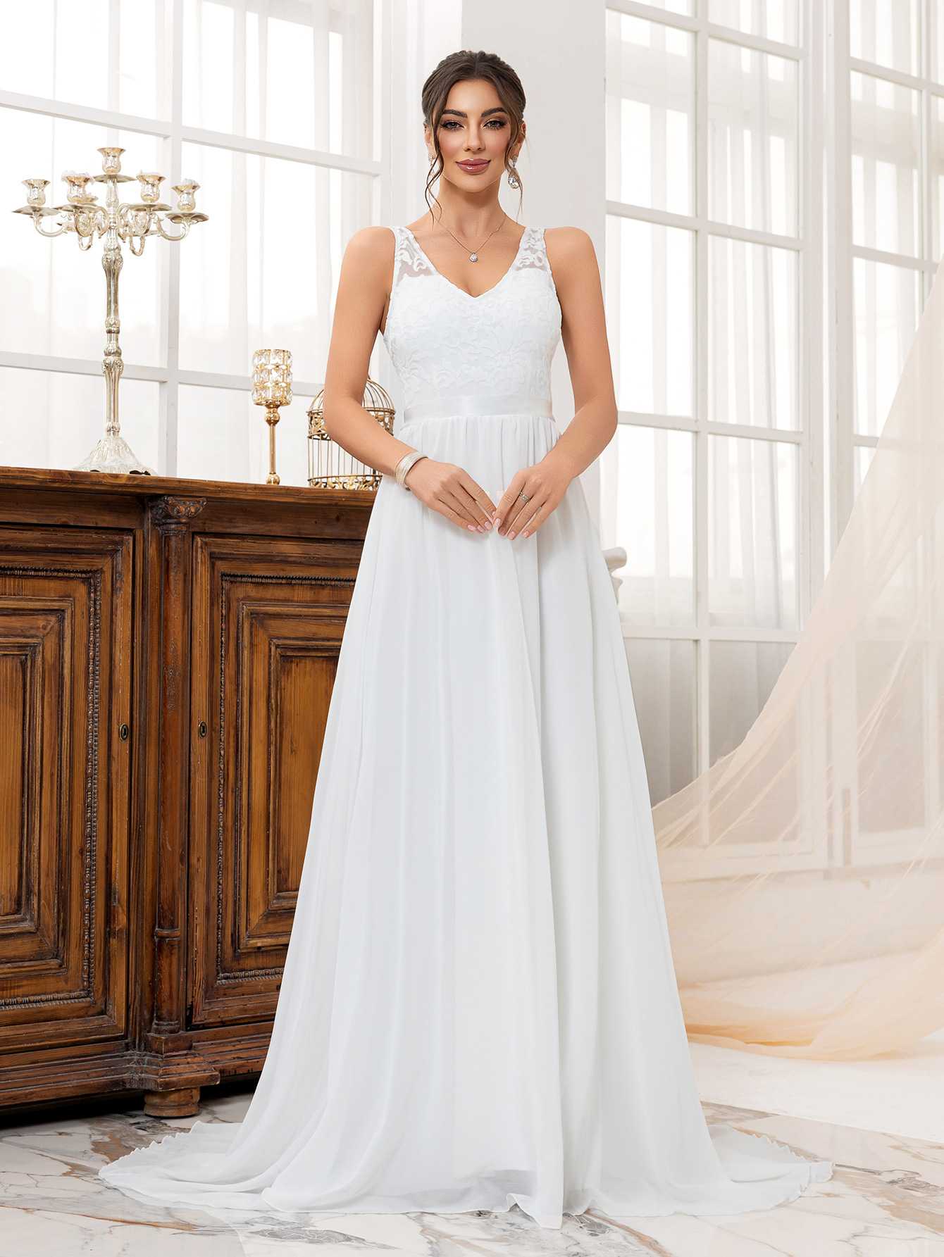 Nuevo vestido de novia de vestido de cola larga de color sólido con tirantes transfronterizos europeos y americanos image 1