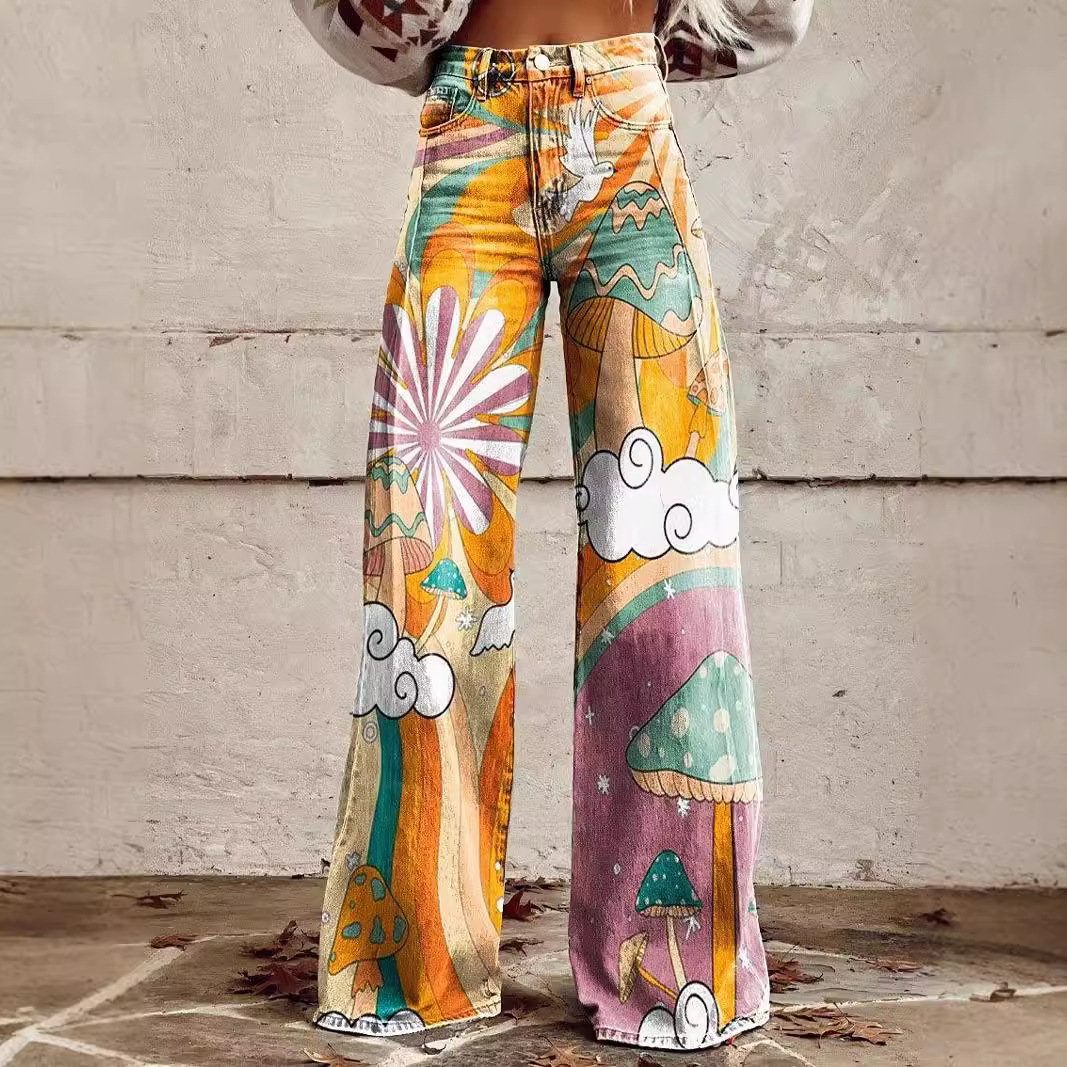 Independent station explosions ladies wide leg pants new 3D thermal transfer pants simulation Denim pants summer thin