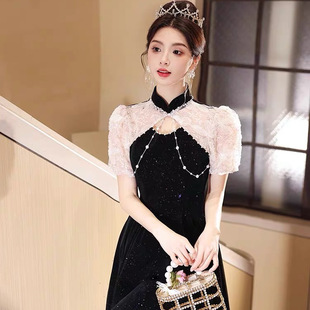 黑色晚礼服高级感气质成人礼生日公主裙轻奢小众高端主持人连衣裙-阿里巴巴