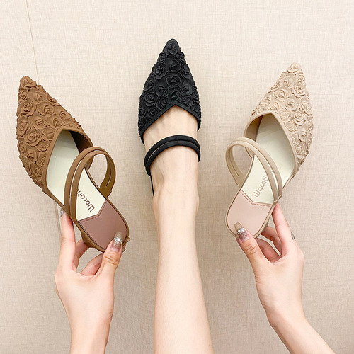 Spring and Autumn Thick Heel Waterproof Casual Slip-On Shoes, Two-Wear Medium Heel Plastic Women's Summer Non-Slip Fashion Fashionista Outer Wear Pointed Toe