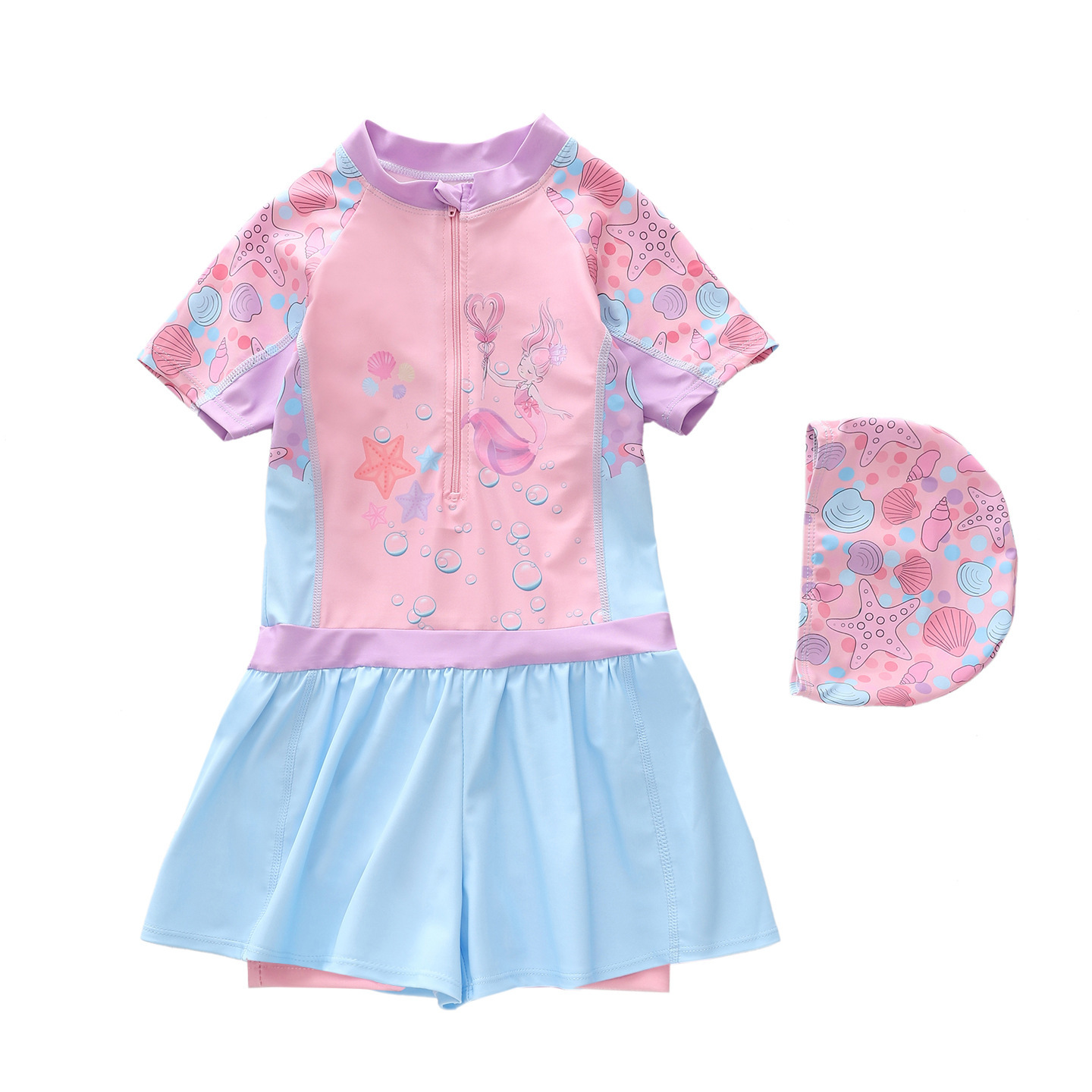 Traje de Baño Deportivo de Una Pieza de Manga Corta para Niñas de Poliéster Alta Elasticidad para Natación