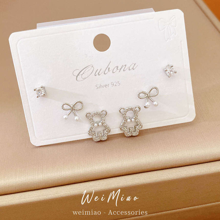 Agujas de plata zircon arco osos personalidad dulce cool versátil pendientes coreanos moda versátil exquisitos pendientes mujeres image 1