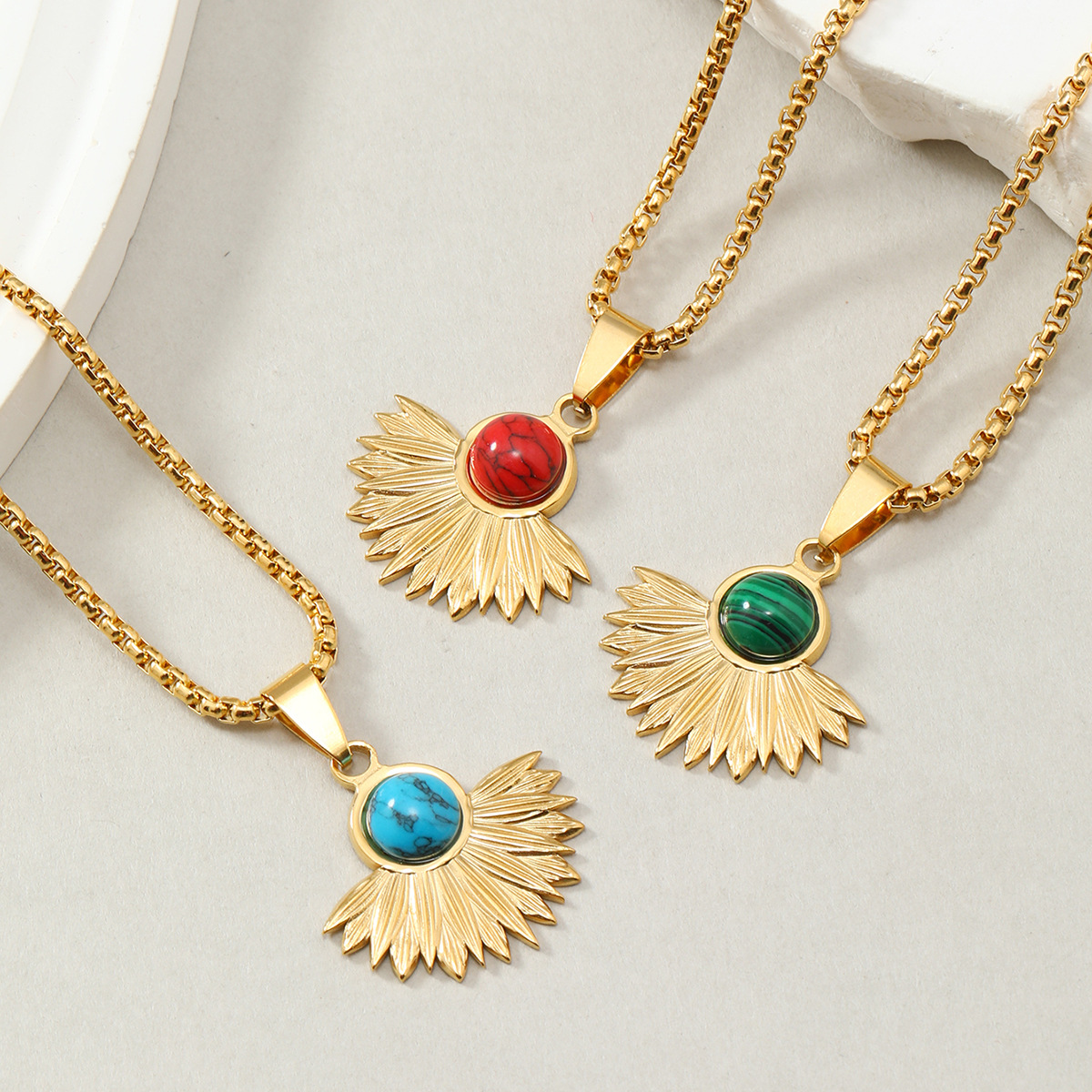 Cruz-frontera Bohemia natural turquesa titanio acero colgante en forma de abanico accesorios de la joyería malaquita joyas de acero inoxidable