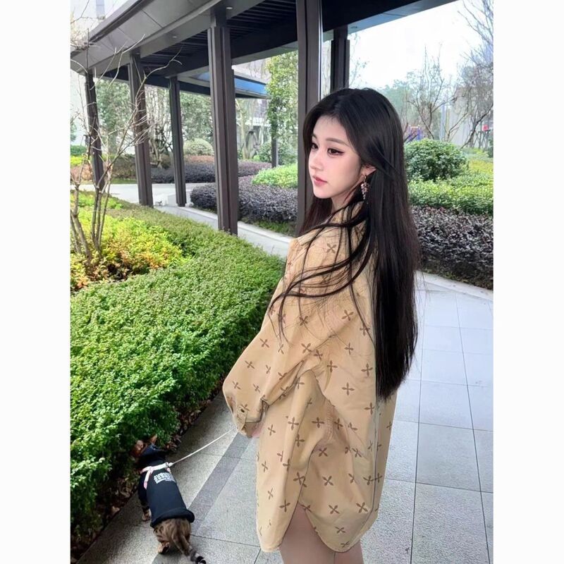 New Fg Summer Wide-Body Work Shirt Loose Cross-Printed Long-Sleeved Cotton Shirt Outer Wear Rad Top