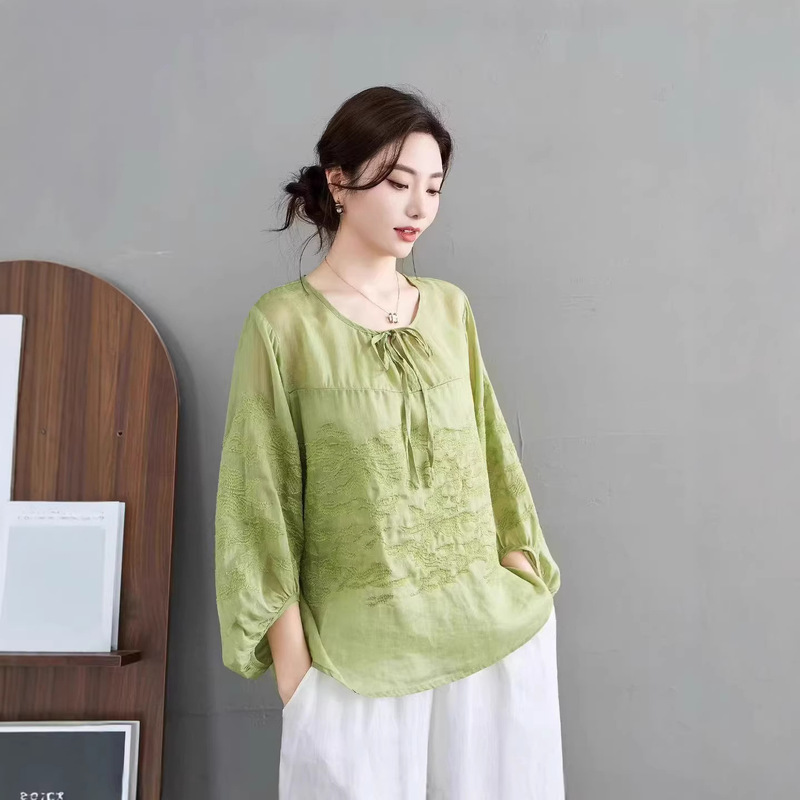 2026 Spring New Style Ramie Heavy Embroidery Top Retro Artistic Tie-Neck Loose Women's Pullover Shirt