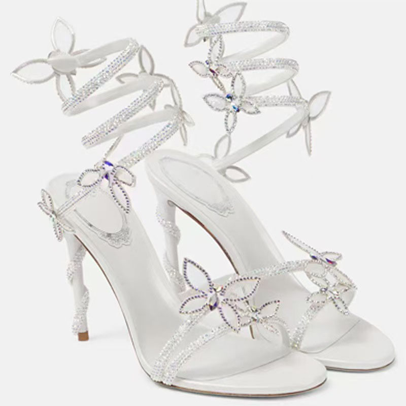 Cross-Border 2025 Summer New Style Snake-Shaped Winding Strap Sandals for Women with Stiletto Open-Toe Rhinestone Bow High Heels